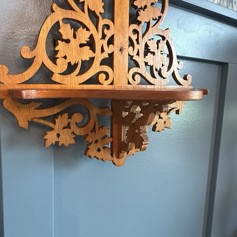 Vintage Hand Carved Wood Wall Shelf Ornate Scrollwork Cottagecore Cross
